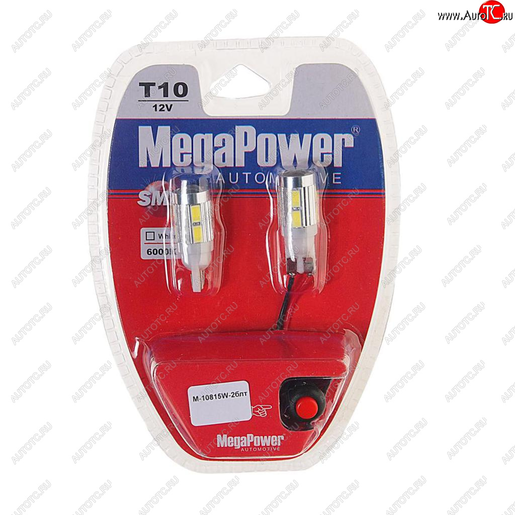 699 р. Лампа светодиодная 12V W5W T10 W2.1x9.5d 6000K 10 LED с тестером блистер (2шт.) MEGAPOWER MEGAPOWER-AUTOMOTIVE 10815w-2блт  с доставкой в г. Керчь