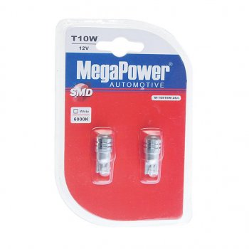 319 р. Лампа светодиодная 12V W5W T10 W2.1x9.5d 6000K блистер (2шт.) MEGAPOWER MEGAPOWER-AUTOMOTIVE 10916w-2бл  с доставкой в г. Керчь. Увеличить фотографию 1