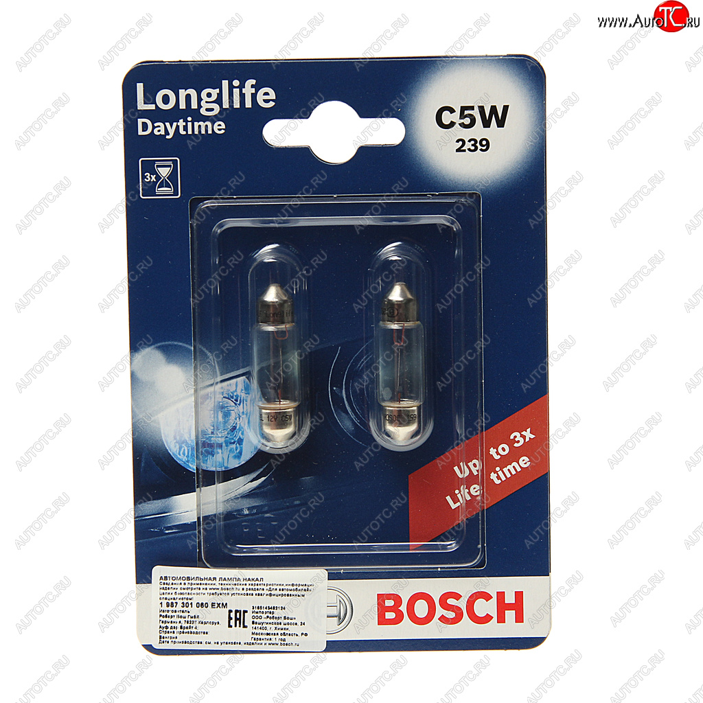 151 р. Лампа 12V C5W SV8.5-8 (2шт.) Longlife Daytime BOSCH BOSCH 1987301060  с доставкой в г. Керчь