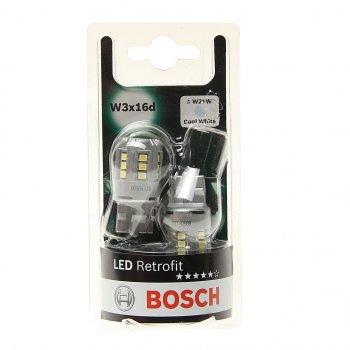 1 599 р. Лампа светодиодная 12V W21W W3x16d 6000K блистер (2шт.) Retrofit BOSCH BOSCH 1987301524  с доставкой в г. Керчь. Увеличить фотографию 1