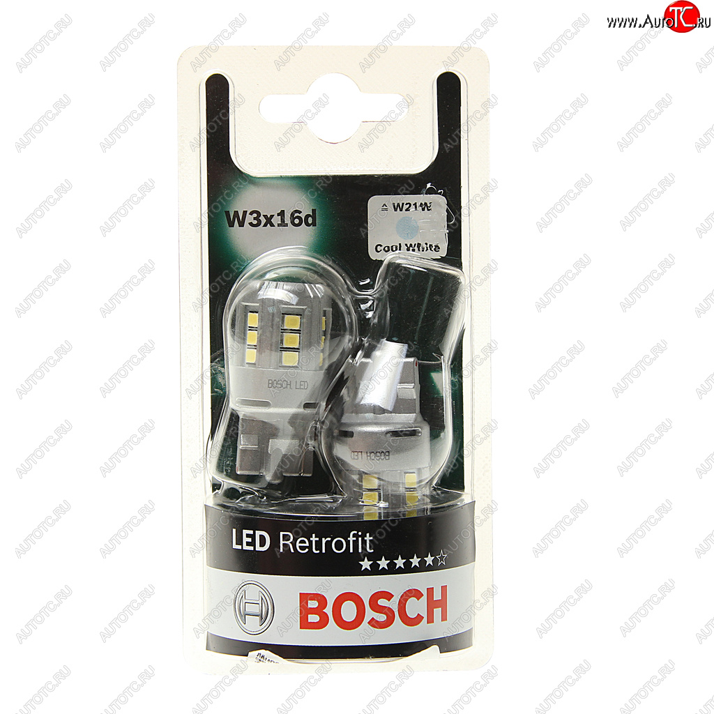 1 599 р. Лампа светодиодная 12V W21W W3x16d 6000K блистер (2шт.) Retrofit BOSCH BOSCH 1987301524  с доставкой в г. Керчь