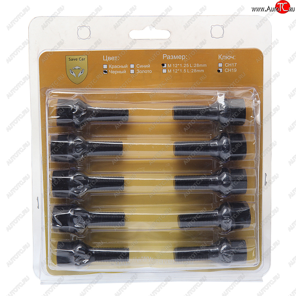 2 579 р. Болт колеса М12х1.25х28 конус под ключ 19мм черный 20шт. SAVE CAR SAVE CAR 201054  с доставкой в г. Керчь
