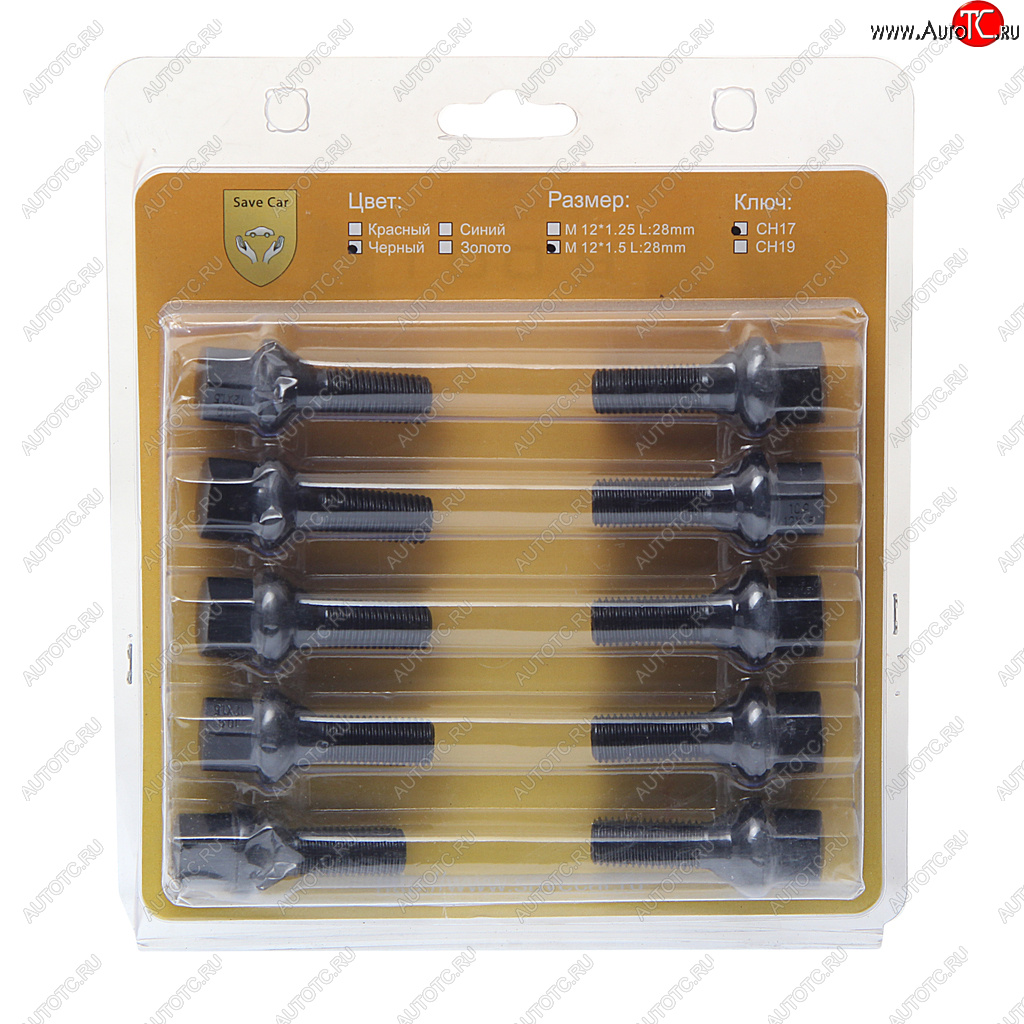 2 579 р. Болт колеса М12х1.50х28 конус под ключ 17мм черный 20шт. SAVE CAR SAVE CAR 201055  с доставкой в г. Керчь