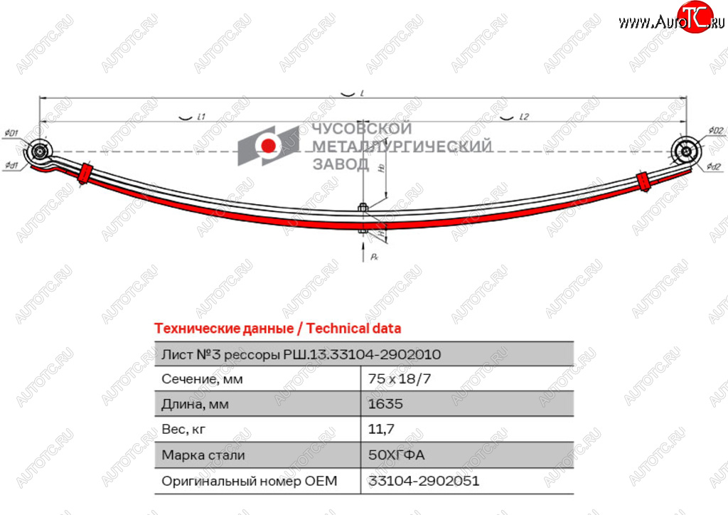 7 199 р. Лист рессоры ГАЗ-33104 Валдай,Газон Next передней №3 с хомутами L=1635мм ЧМЗ ЧМЗ 33104-2902051  с доставкой в г. Керчь