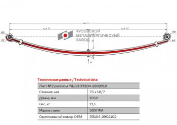 6 999 р. Лист рессоры ГАЗ-3310 Валдай,Газон Next передней №2 L=1652мм ЧМЗ ЧМЗ 33104-2902102  с доставкой в г. Керчь. Увеличить фотографию 1