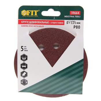 99 р. Бумага наждачная на липучке D125 P80 8 отверстий 5шт. FIT FIT 39664  с доставкой в г. Керчь. Увеличить фотографию 1