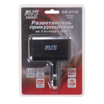 669 р. Разветвитель прикуривателя 2-х гнездовой 12-24V 1USB AVS AVS 43254  с доставкой в г. Керчь. Увеличить фотографию 1