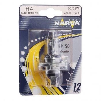 529 р. Лампа 12V H4 6055W P43t-38 +50% блистер (1шт.) Range Power 50+ NARVA NARVA 488614000  с доставкой в г. Керчь. Увеличить фотографию 1