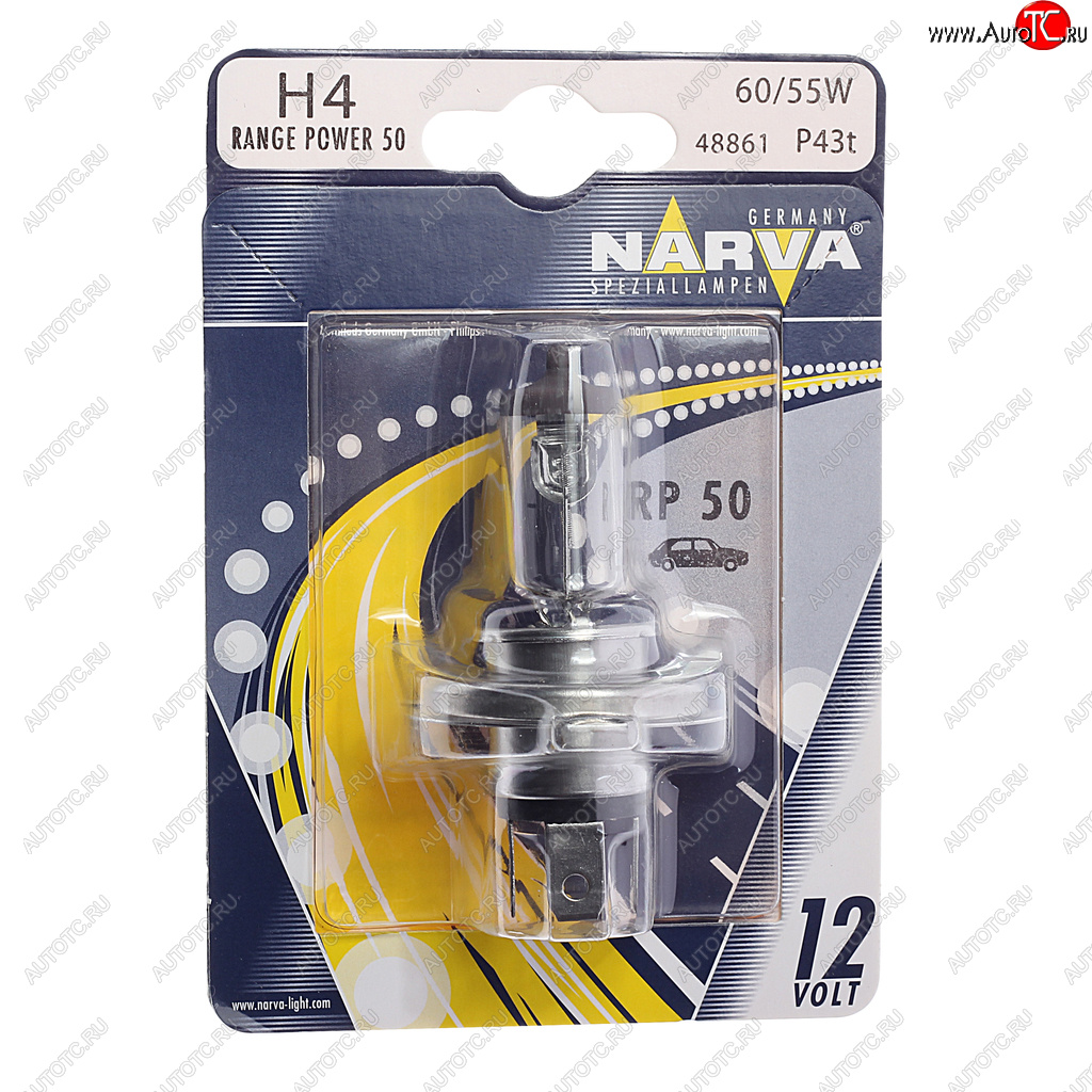 529 р. Лампа 12V H4 6055W P43t-38 +50% блистер (1шт.) Range Power 50+ NARVA NARVA 488614000  с доставкой в г. Керчь