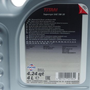 5 299 р. Масло моторное TITAN Supersyn 5W30 синт.4л FUCHS FUCHS 600930721 FUCHS 600930721  с доставкой в г. Керчь. Увеличить фотографию 2
