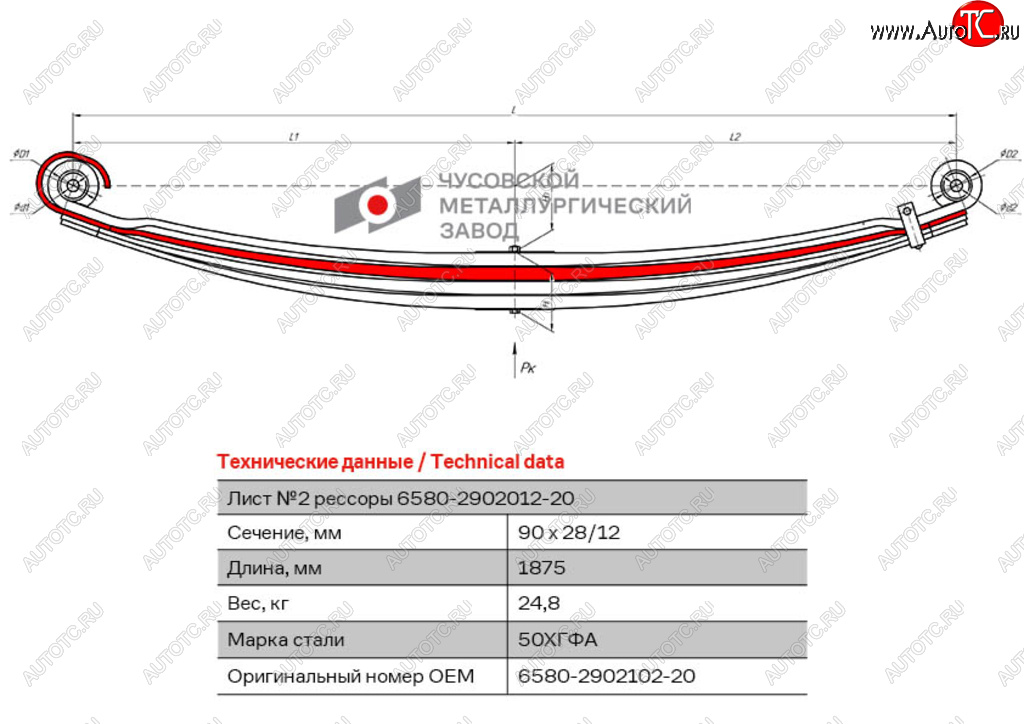 17 749 р. Лист рессоры КАМАЗ-6580 передней №2 L=1875мм ЧМЗ ЧМЗ 6580-2902102-20  с доставкой в г. Керчь