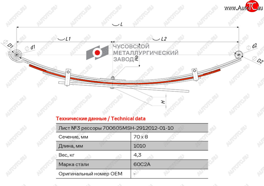 3 099 р. Лист рессоры MITSUBISHI L200 (05-16) задней №3 (5 листов) L=1010мм ЧМЗ ЧМЗ 700605msh-2912103-01  с доставкой в г. Керчь