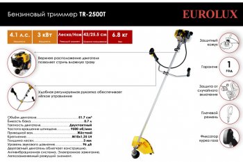 8 699 р. Газонокосилка (триммер) бензиновая 51.7куб.см, 3000Вт, захват 43см, леска+нож EUROLUX EUROLUX 70219  с доставкой в г. Керчь. Увеличить фотографию 2