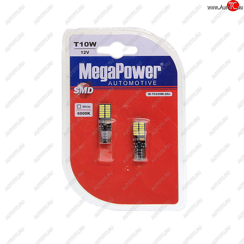 379 р. Лампа светодиодная 12V W5W T10 W2.1x9.5d 6000K 24 LED блистер (2шт.) MEGAPOWER MEGAPOWER-AUTOMOTIVE 70329w-2бл  с доставкой в г. Керчь