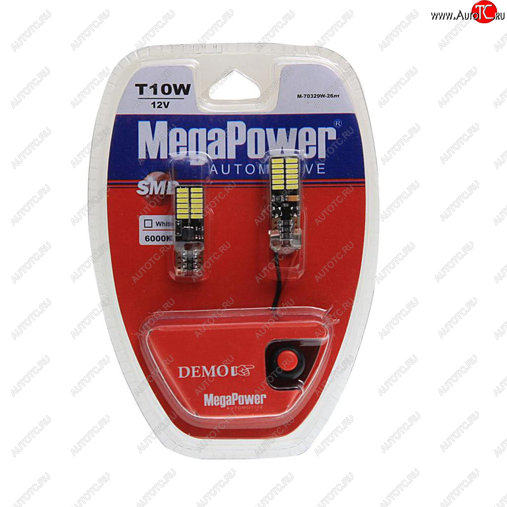 519 р. Лампа светодиодная 12V W5W T10 W2.1x9.5d 6000K 24 LED с тестером блистер (2шт.) MEGAPOWER MEGAPOWER-AUTOMOTIVE 70329w-2блт  с доставкой в г. Керчь