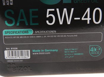 5 299 р. Масло моторное GREEN Oil+ 5W40 синт.4л BIZOL BIZOL 81036 BIZOL 81036  с доставкой в г. Керчь. Увеличить фотографию 2
