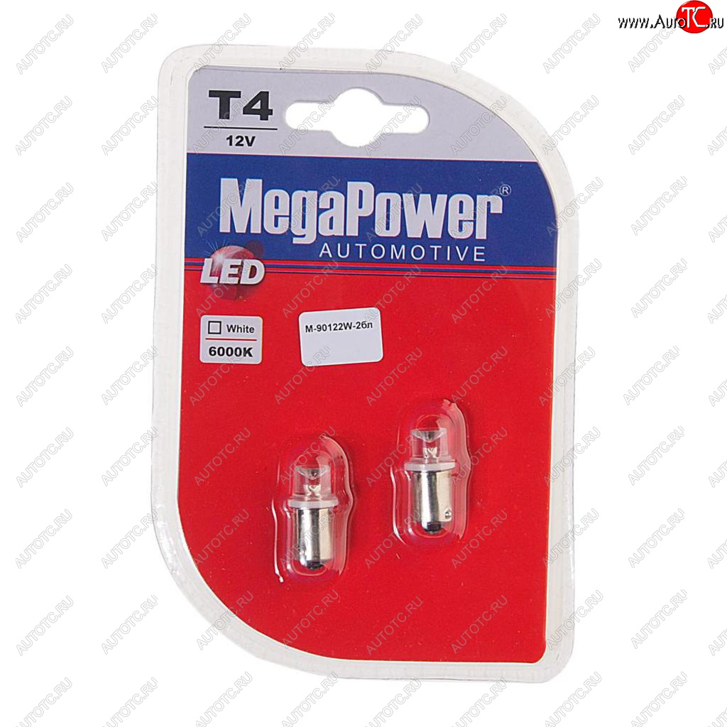 55 р. Лампа светодиодная 12V T4W BA9s 6000K блистер (2шт.) MEGAPOWER MEGAPOWER-AUTOMOTIVE 90122w-2бл  с доставкой в г. Керчь