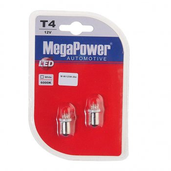 105 р. Лампа светодиодная 12V T4W BA9s 6000K 4 светодиода блистер (2шт.) MEGAPOWER MEGAPOWER-AUTOMOTIVE 90123w-2бл  с доставкой в г. Керчь. Увеличить фотографию 1