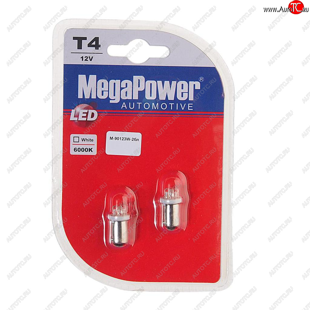 105 р. Лампа светодиодная 12V T4W BA9s 6000K 4 светодиода блистер (2шт.) MEGAPOWER MEGAPOWER-AUTOMOTIVE 90123w-2бл  с доставкой в г. Керчь