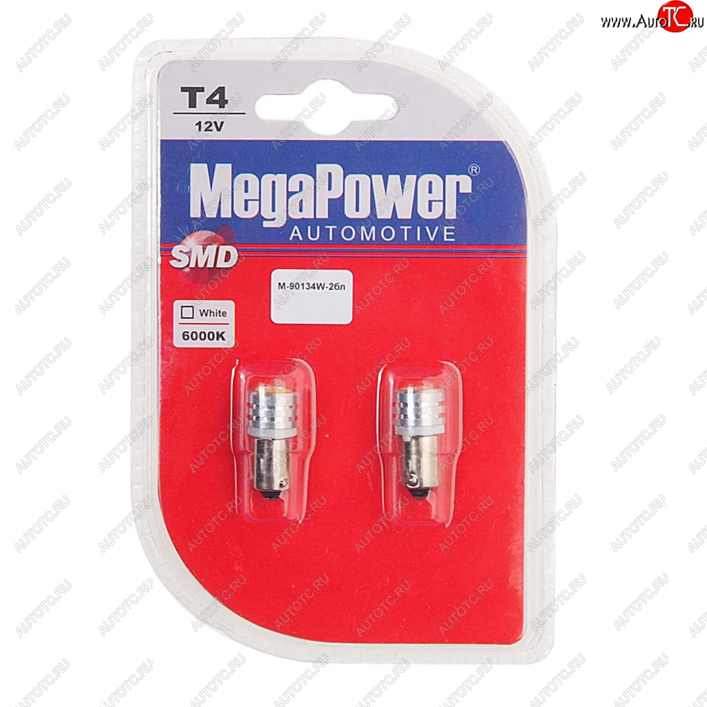 294 р. Лампа светодиодная 12V T4W BA9s 6000K блистер (2шт.) MEGAPOWER MEGAPOWER-AUTOMOTIVE 90134w-2бл  с доставкой в г. Керчь