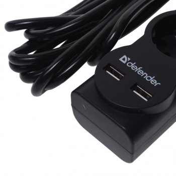 929 р. Фильтр сетевой 5м 10А 2200Вт 5 гнезд + 2 USB с заземлением черный DEFENDER DEFENDER 99755  с доставкой в г. Керчь. Увеличить фотографию 3