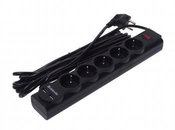 929 р. Фильтр сетевой 5м 10А 2200Вт 5 гнезд + 2 USB с заземлением черный DEFENDER DEFENDER 99755  с доставкой в г. Керчь. Увеличить фотографию 1