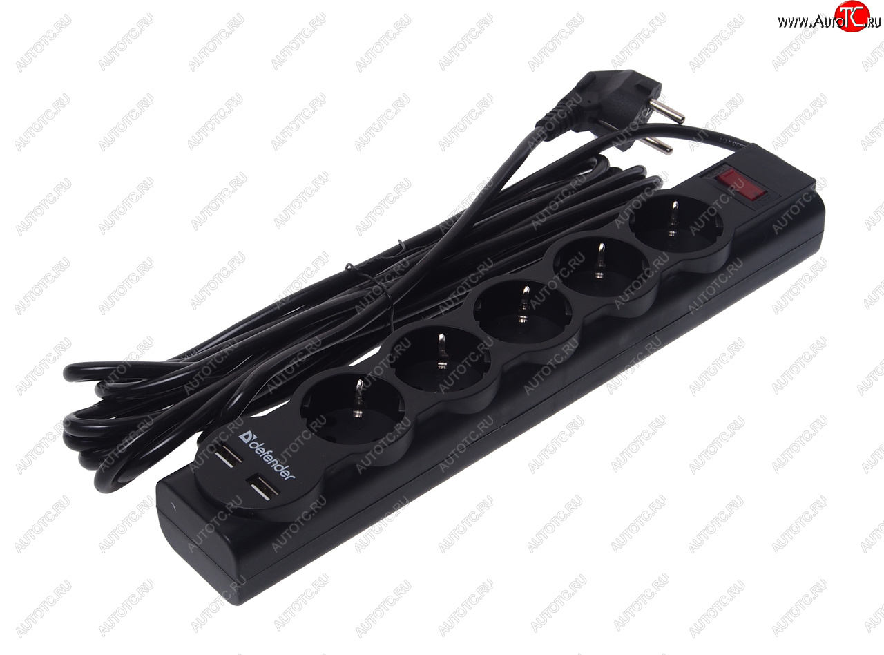 929 р. Фильтр сетевой 5м 10А 2200Вт 5 гнезд + 2 USB с заземлением черный DEFENDER DEFENDER 99755  с доставкой в г. Керчь