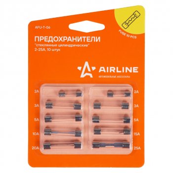 88 р. Предохранитель 2-25A цилиндрический стеклянный 10шт. AIRLINE AIRLINE afu-t-06  с доставкой в г. Керчь. Увеличить фотографию 2