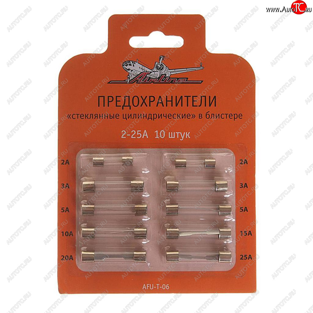 88 р. Предохранитель 2-25A цилиндрический стеклянный 10шт. AIRLINE AIRLINE afu-t-06  с доставкой в г. Керчь