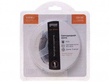 329 р. Лента светодиодная гибкая 4.8W 3м IP20 12V теплый белый (блистер) Basic GAUSS GAUSS bt002 GAUSS bt002  с доставкой в г. Керчь. Увеличить фотографию 1