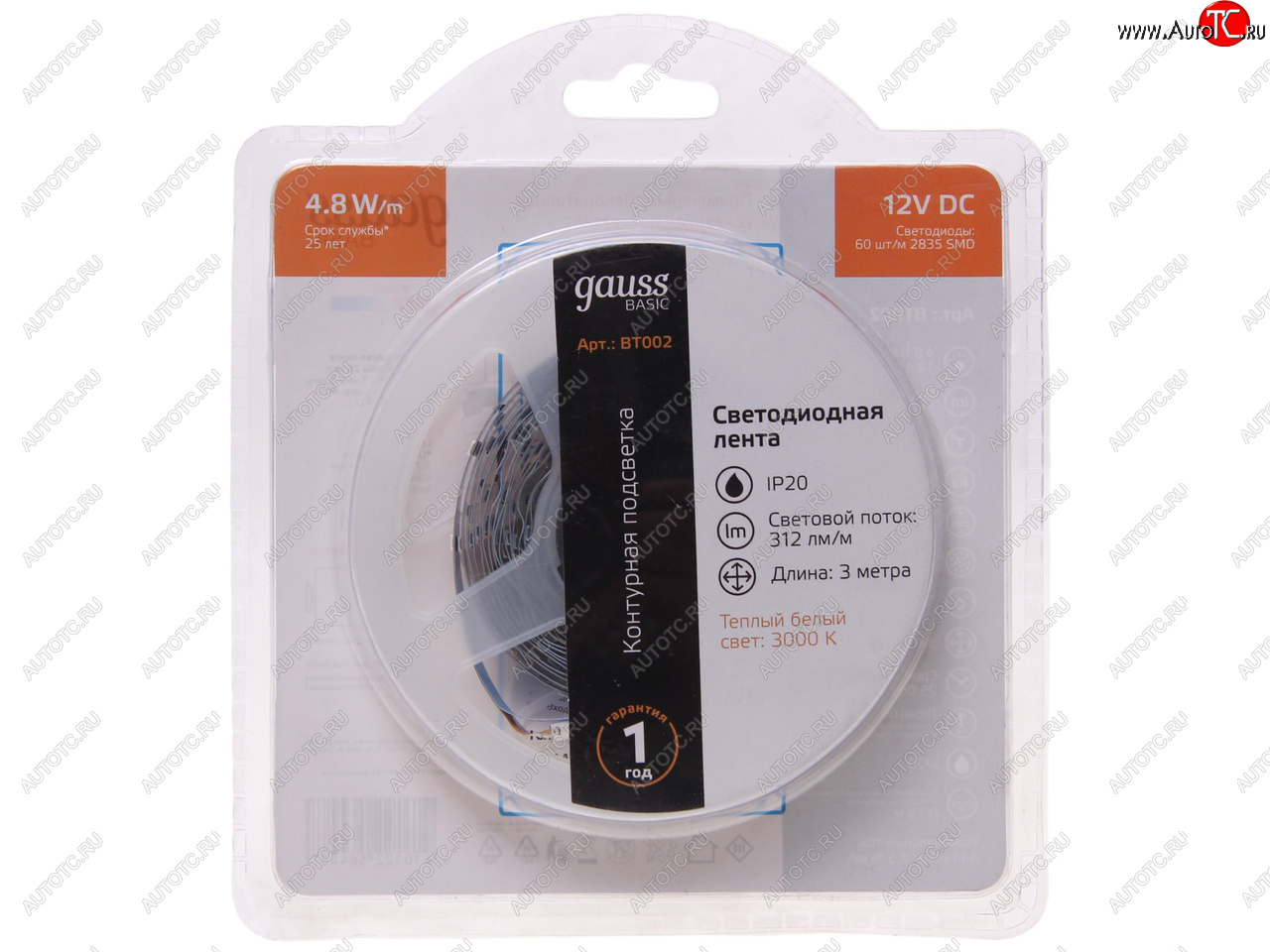 329 р. Лента светодиодная гибкая 4.8W 3м IP20 12V теплый белый (блистер) Basic GAUSS GAUSS bt002 GAUSS bt002  с доставкой в г. Керчь