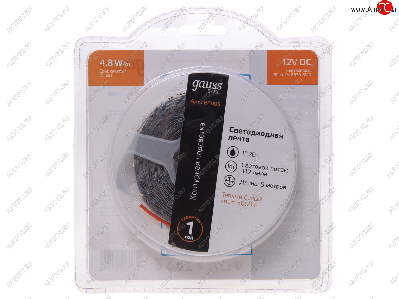 469 р. Лента светодиодная гибкая 4.8W 5м IP20 12V теплый белый (блистер) Basic GAUSS GAUSS bt005  с доставкой в г. Керчь