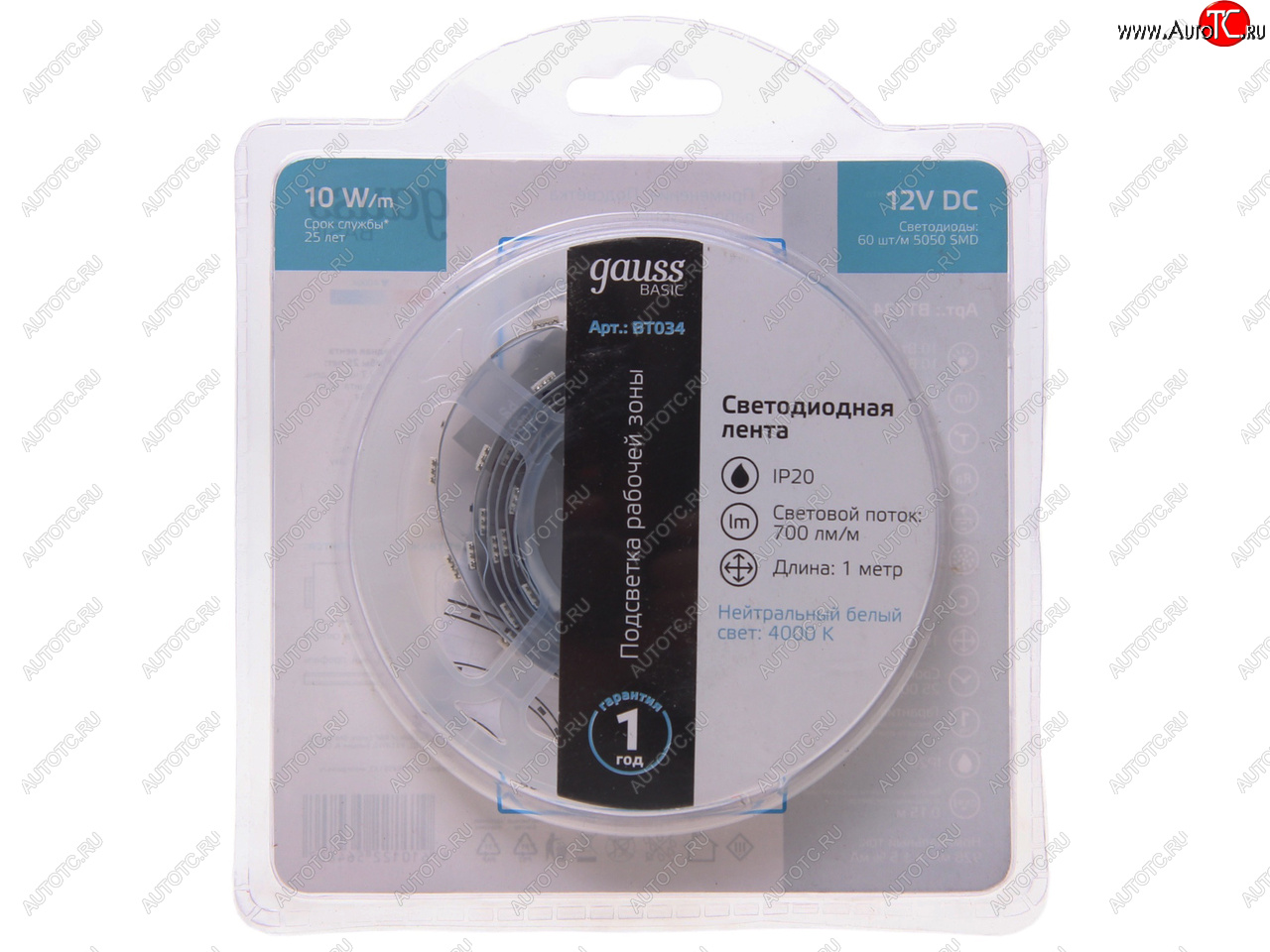 193 р. Лента светодиодная гибкая 10W 1м IP20 12V холодный белый (блистер) Basic GAUSS GAUSS bt034  с доставкой в г. Керчь