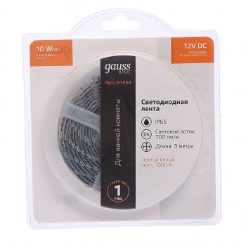 739 р. Лента светодиодная гибкая 10W 3м IP65 12V теплый белый (блистер) Basic GAUSS GAUSS bt050  с доставкой в г. Керчь. Увеличить фотографию 1