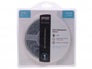 1 099 р. Лента светодиодная гибкая 10W 5м IP65 12V холодный белый (блистер) Basic GAUSS GAUSS bt053 GAUSS bt053  с доставкой в г. Керчь. Увеличить фотографию 1