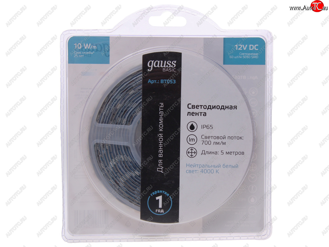 1 099 р. Лента светодиодная гибкая 10W 5м IP65 12V холодный белый (блистер) Basic GAUSS GAUSS bt053 GAUSS bt053  с доставкой в г. Керчь