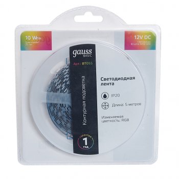 849 р. Лента светодиодная гибкая 10W 5м IP20 12V RGB (блистер) Basic GAUSS GAUSS bt055  с доставкой в г. Керчь. Увеличить фотографию 1
