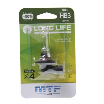 419 р. Лампа 12V HB3 65W P20d +30% блистер (1шт.) Long Life MTF MTF hll12b3b  с доставкой в г. Керчь. Увеличить фотографию 1