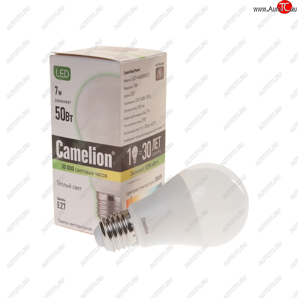 125 р. Лампа светодиодная E27 A60 7W (55W) 220V теплый BasicPower CAMELION CAMELION led7-a60830e27  с доставкой в г. Керчь