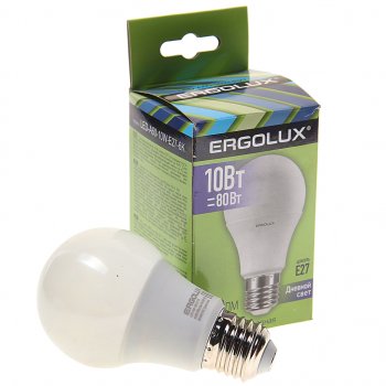 92 р. Лампа светодиодная Е27 А60 10W (80W) 220V дневной свет ERGOLUX ERGOLUX led-a60-10w-e27-6k  с доставкой в г. Керчь. Увеличить фотографию 1