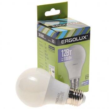 95 р. Лампа светодиодная Е27 А60 12W (100W) 220V дневной свет ERGOLUX ERGOLUX led-a60-12w-e27-6k  с доставкой в г. Керчь. Увеличить фотографию 1