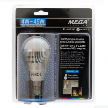 48 р. Лампа светодиодная E14 G45 4W(45W) 220V теплый MEGA LIGHTING MEGA LIGHTING lm-0627ww-e14  с доставкой в г. Керчь. Увеличить фотографию 1