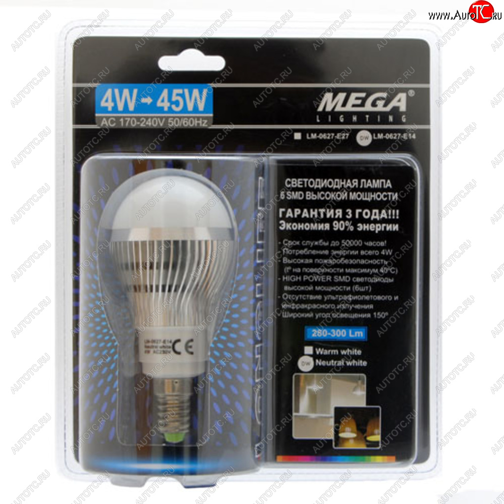 48 р. Лампа светодиодная E14 G45 4W(45W) 220V теплый MEGA LIGHTING MEGA LIGHTING lm-0627ww-e14  с доставкой в г. Керчь