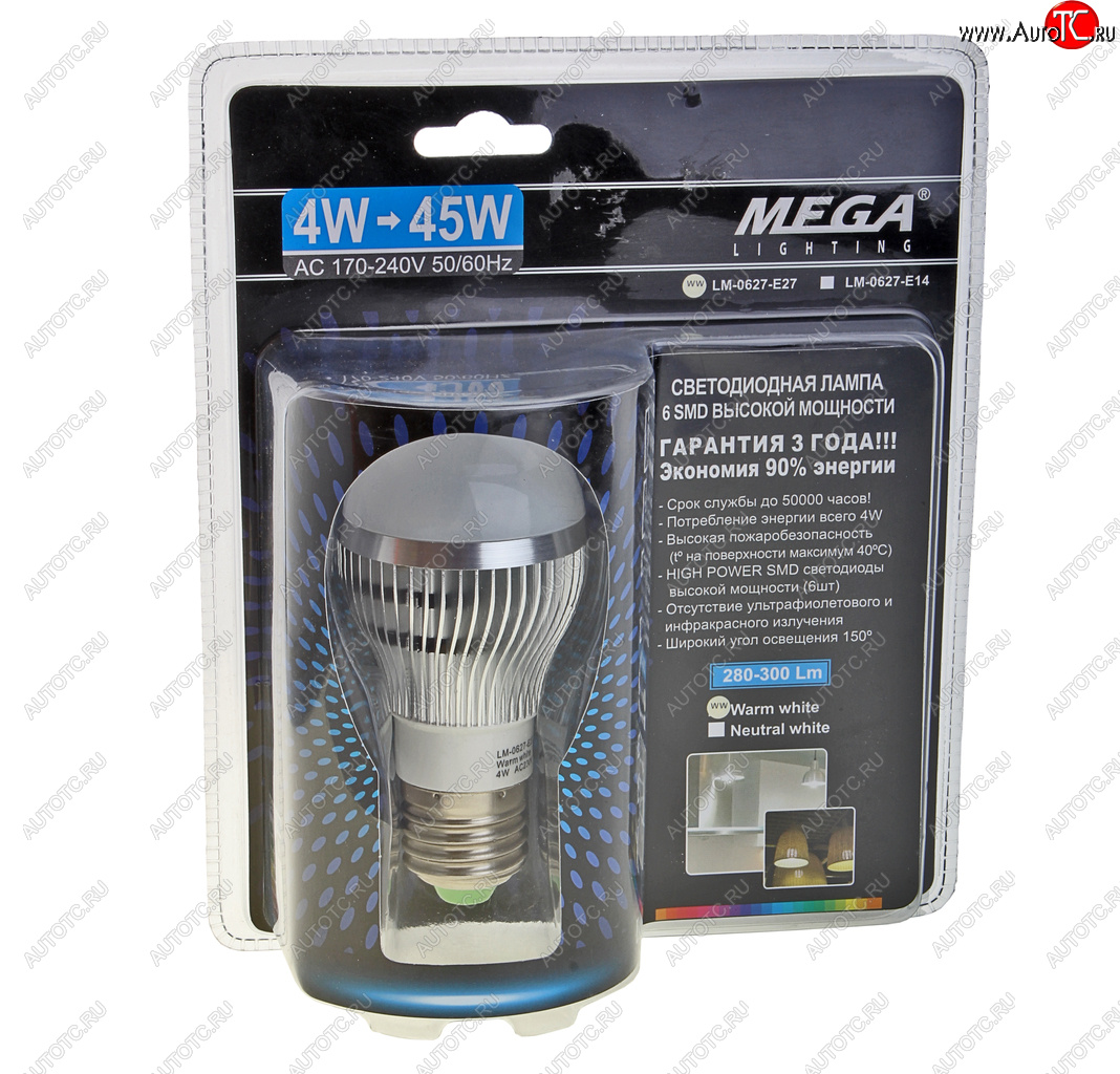 52 р. Лампа светодиодная E27 G45 4W(45W) 220V теплый MEGA LIGHTING MEGA LIGHTING lm-0627ww-e27  с доставкой в г. Керчь