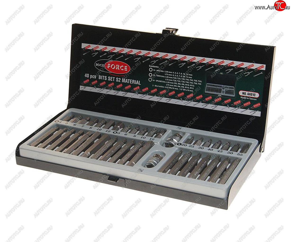 1 869 р. Набор бит 12 38 TORX T20-55 HEX H4-12мм SPLINE M5-12 2 держателя 40 предметов в кейсе ROCKFORCE ROCKFORCE rf-4401c  с доставкой в г. Керчь