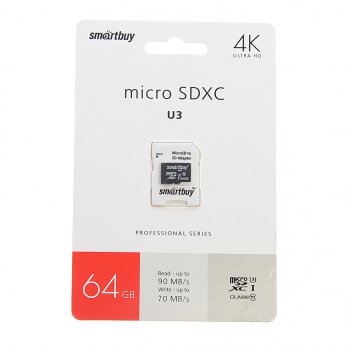 Карта памяти 64GB MicroSD class 10 + SD адаптер SMART BUY SMART BUY sb64gbsdcl10u3-01