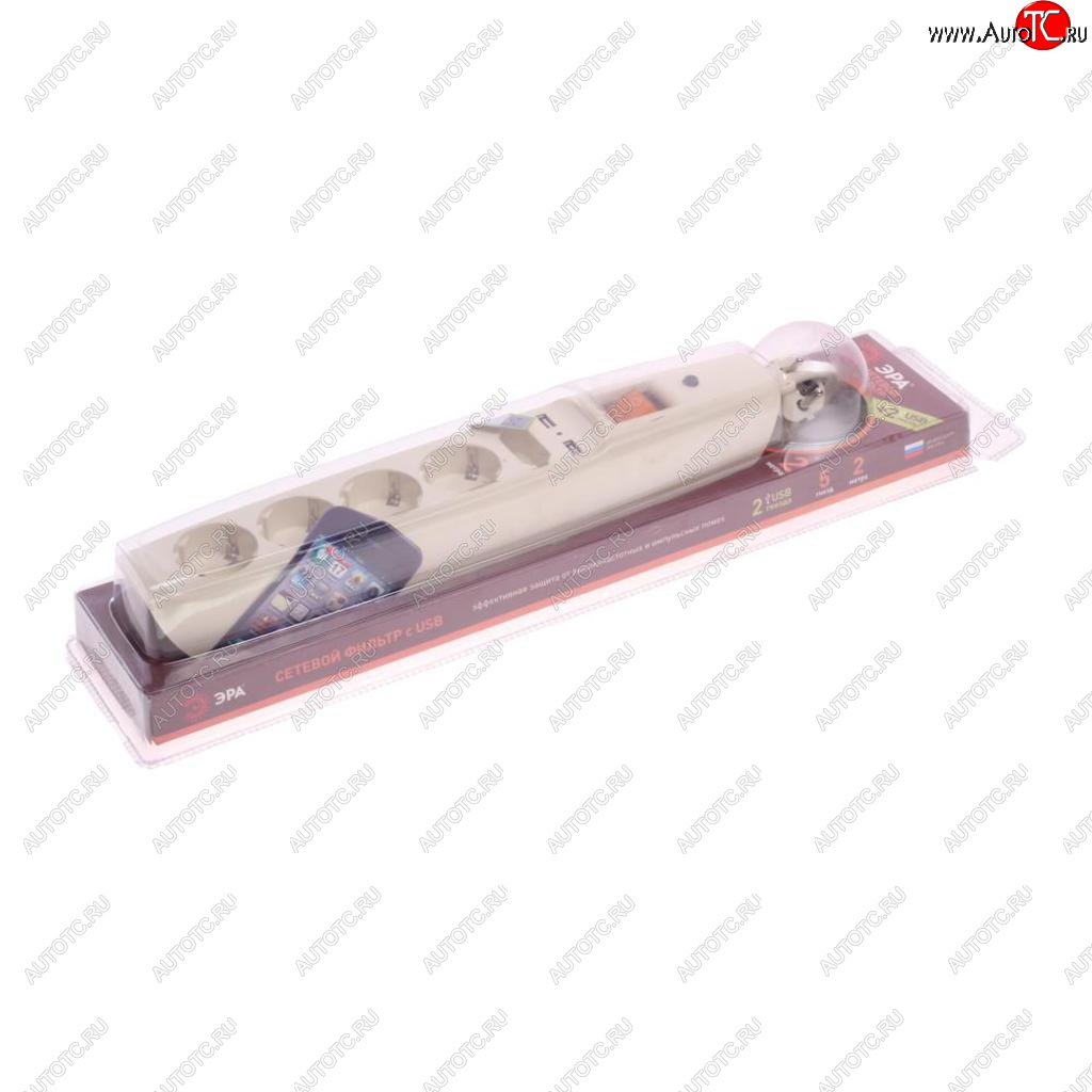 1 689 р. Фильтр сетевой 2м 10А 2200Вт 5 гнезд + 2 USB с заземлением бежевый ЭРА ЭРА sfu-5es-2m-i  с доставкой в г. Керчь