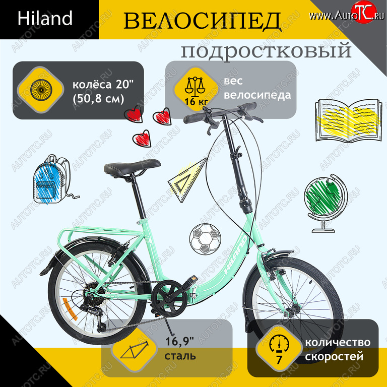 14 249 р. Велосипед 20 7-ск. складной бирюзовый HILAND HILAND t18b704 b HILAND t18b704 b  с доставкой в г. Керчь