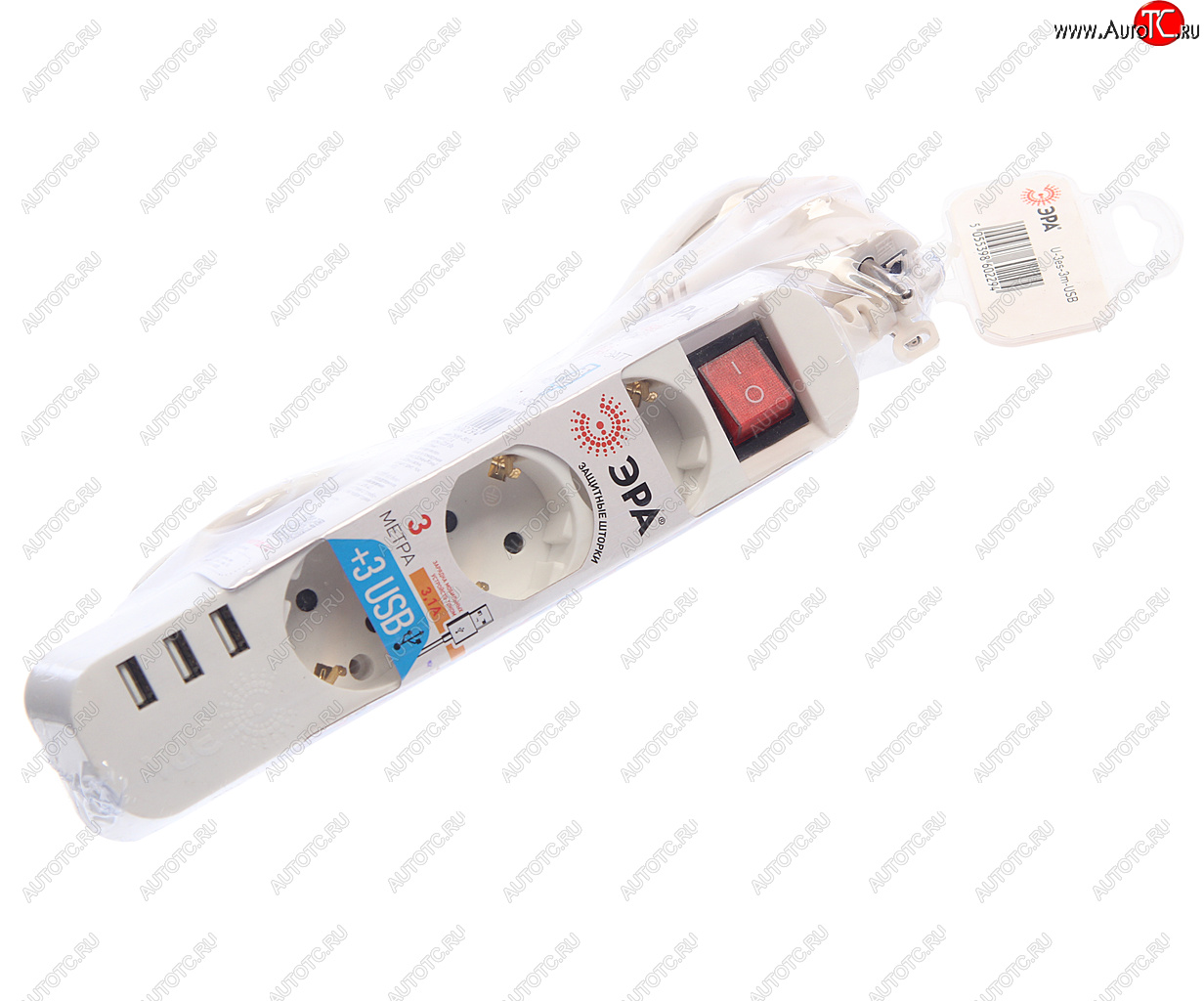 1 199 р. Фильтр сетевой 3м 10А 2200Вт 3 гнезда + 3 USB с заземлением белый ЭРА ЭРА u-3es-3m-usb  с доставкой в г. Керчь