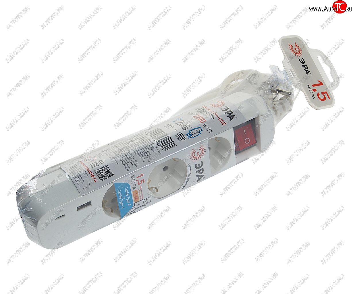 799 р. Фильтр сетевой 1.5м 10А 2200Вт 3 гнезда + 1 USB A 1 Type C с заземлением белый ЭРА ЭРА ub-3es-1,5m-usb  с доставкой в г. Керчь